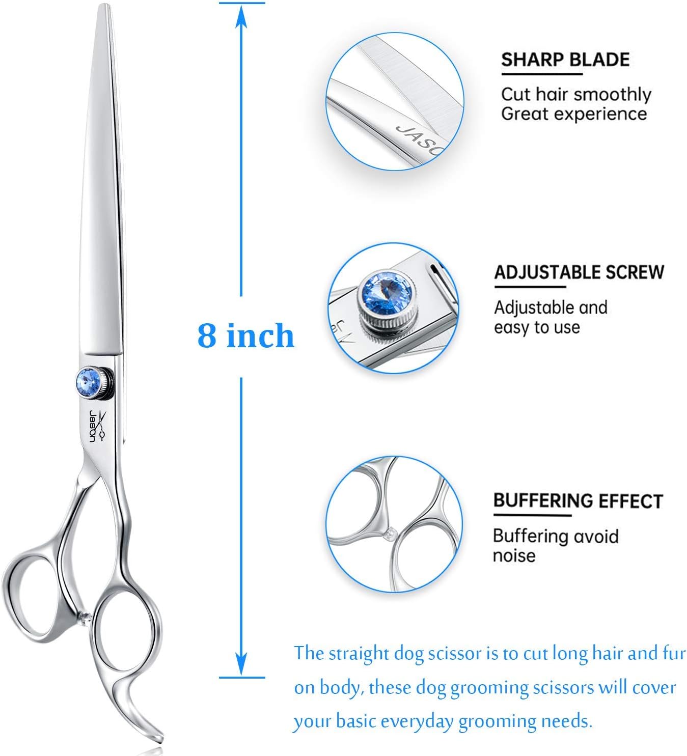 JASON 8" Straight Dog Grooming Scissors Long Pets Grooming Shears Premium Cats Trimming Kit with Offset Handle and a Jewelled Screw Sharp Comfortable Christmas Gift