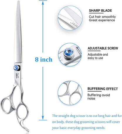 JASON 8" Straight Dog Grooming Scissors Long Pets Grooming Shears Premium Cats Trimming Kit with Offset Handle and a Jewelled Screw Sharp Comfortable Christmas Gift