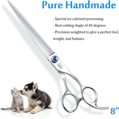 JASON 8" Straight Dog Grooming Scissors Long Pets Grooming Shears Premium Cats Trimming Kit with Offset Handle and a Jewelled Screw Sharp Comfortable Christmas Gift