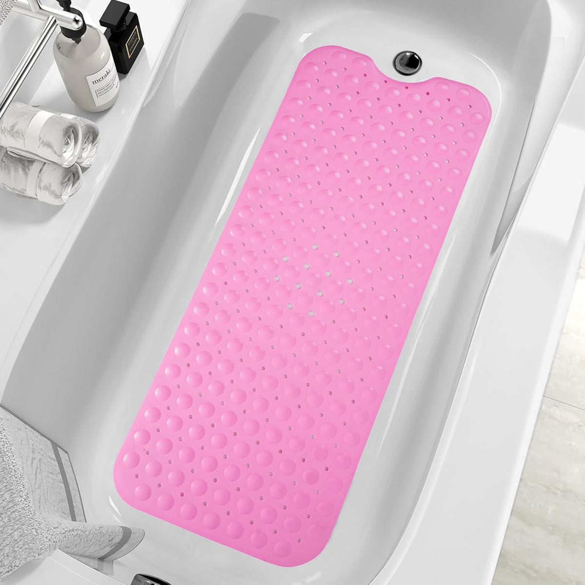 Bath Tub and Shower Mats, Non-Slip 39 x 16 Inch Extra Long Bath Mat, Machine Washable Bathtub Mat with Drain Holes, Suction Cups for Bathroom (Pink)