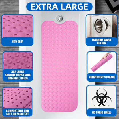 Bath Tub and Shower Mats, Non-Slip 39 x 16 Inch Extra Long Bath Mat, Machine Washable Bathtub Mat with Drain Holes, Suction Cups for Bathroom (Pink)