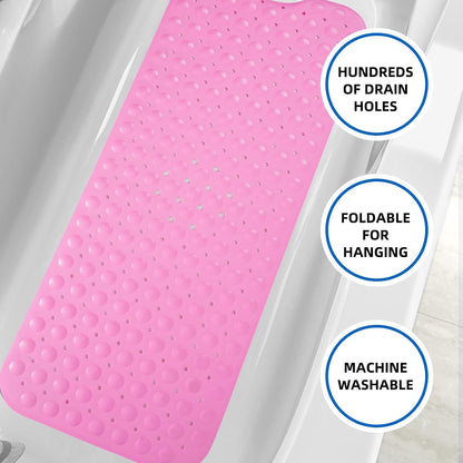Bath Tub and Shower Mats, Non-Slip 39 x 16 Inch Extra Long Bath Mat, Machine Washable Bathtub Mat with Drain Holes, Suction Cups for Bathroom (Pink)