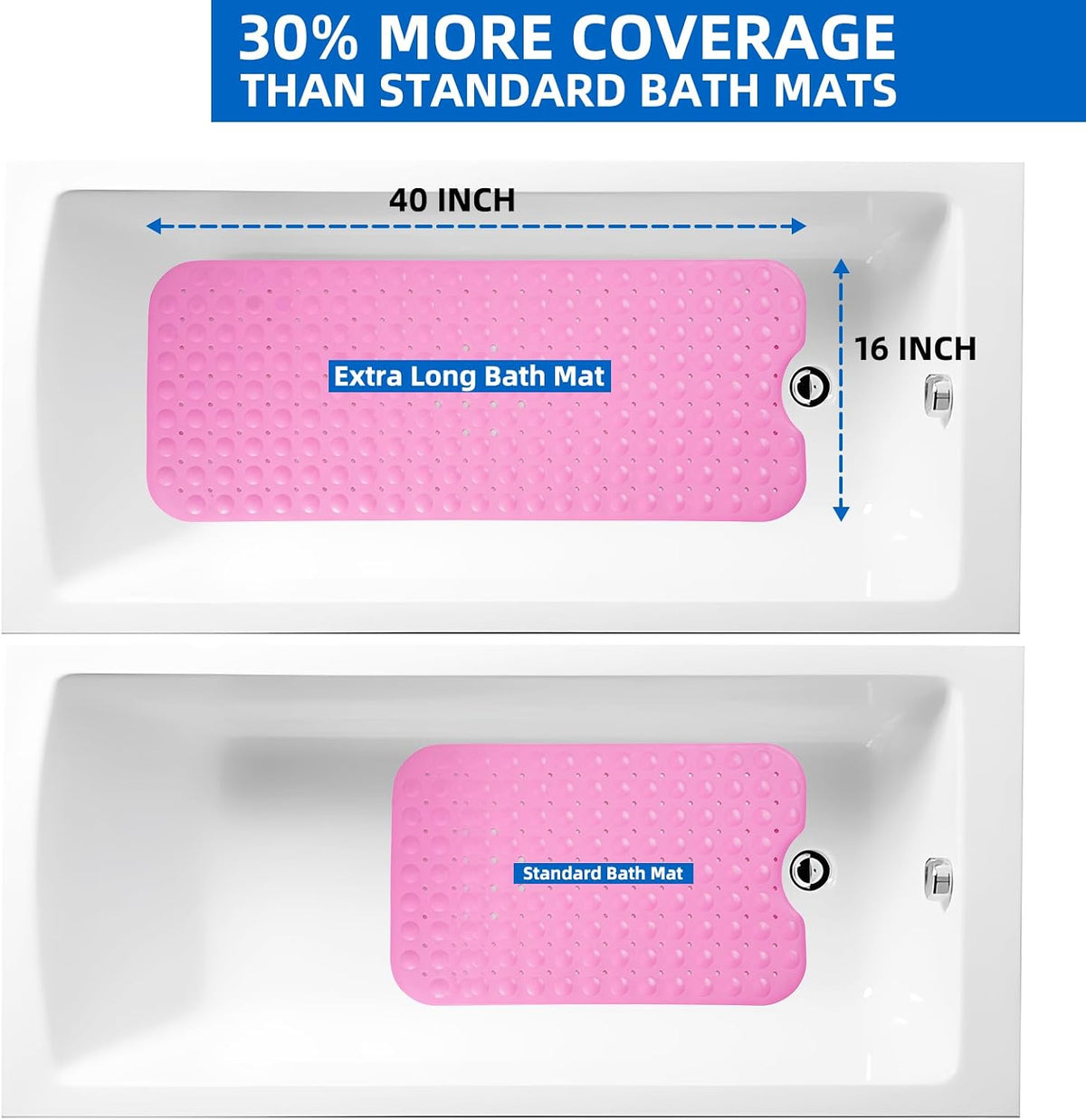 Bath Tub and Shower Mats, Non-Slip 39 x 16 Inch Extra Long Bath Mat, Machine Washable Bathtub Mat with Drain Holes, Suction Cups for Bathroom (Pink)