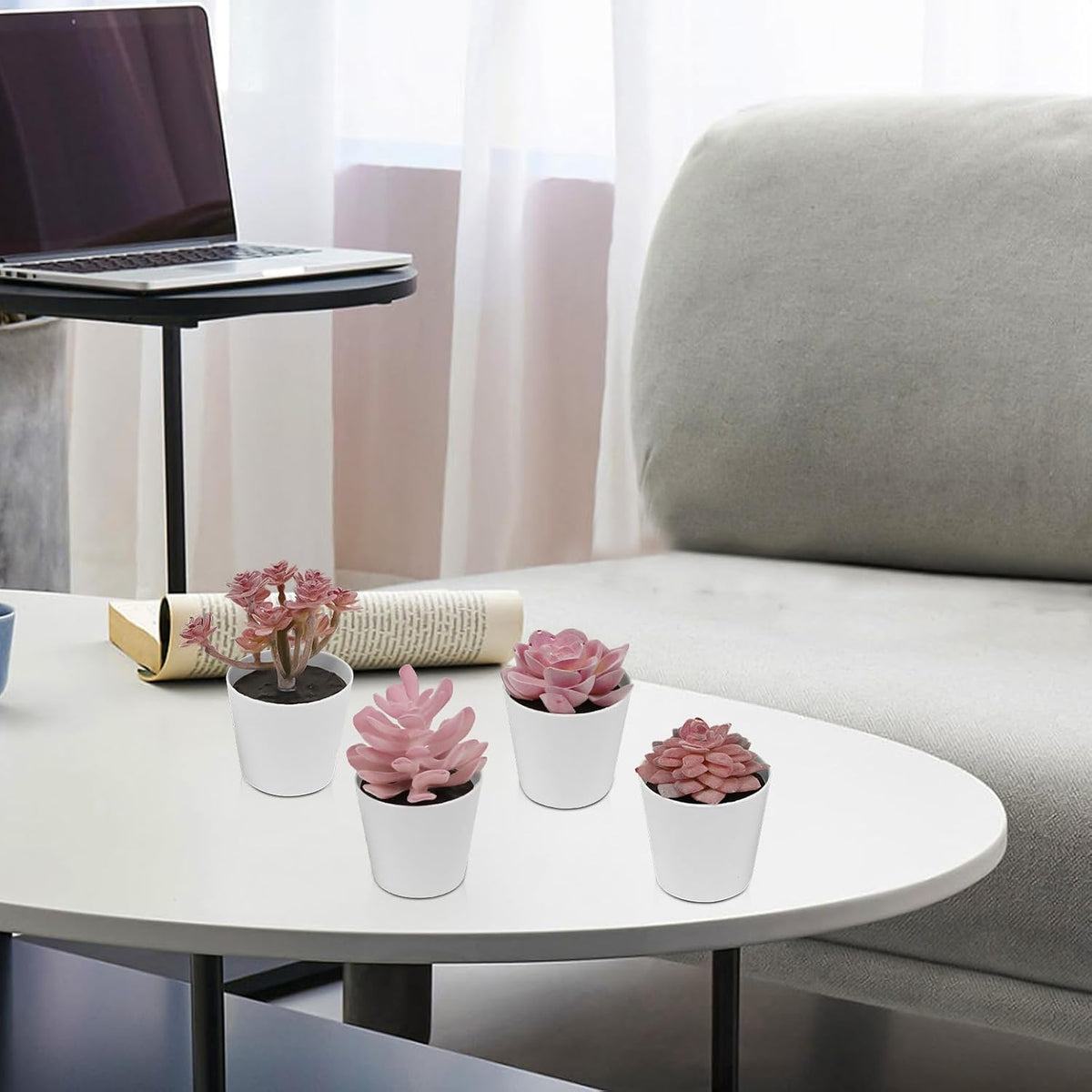 4-piece Set of mini Succulent Fake Plant pots, Artificial Kuan Yin Fake Plants, Small Artificial Plant pots, Bohemian Decoration for the Family Room (Pink Purple)