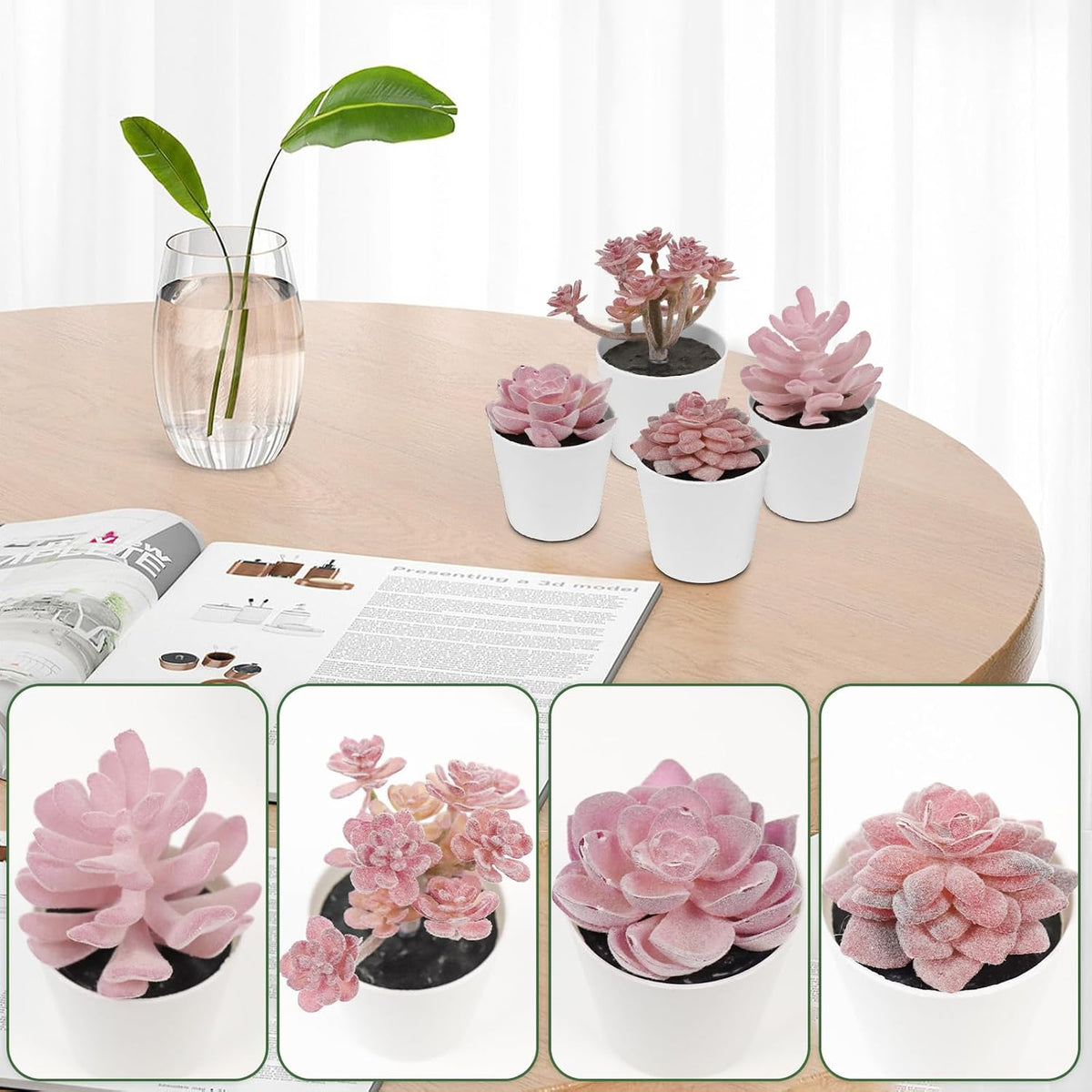 4-piece Set of mini Succulent Fake Plant pots, Artificial Kuan Yin Fake Plants, Small Artificial Plant pots, Bohemian Decoration for the Family Room (Pink Purple)