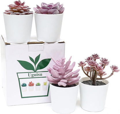4-piece Set of mini Succulent Fake Plant pots, Artificial Kuan Yin Fake Plants, Small Artificial Plant pots, Bohemian Decoration for the Family Room (Pink Purple)