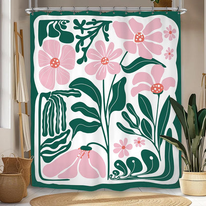 Abstract Flower Matisse Shower Curtain 60Wx72L Inch Pink Green Plant Minimalist Contemporary Retro Art Groovy Modern Bathroom Set Accessories Decor with 12 Pack Hooks