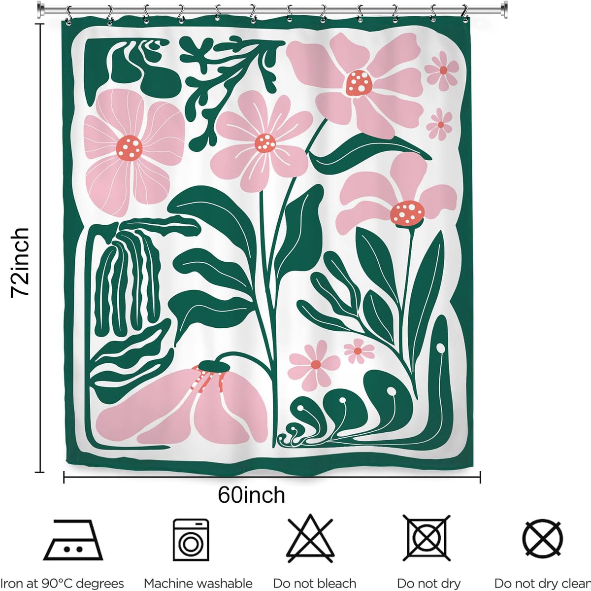 Abstract Flower Matisse Shower Curtain 60Wx72L Inch Pink Green Plant Minimalist Contemporary Retro Art Groovy Modern Bathroom Set Accessories Decor with 12 Pack Hooks