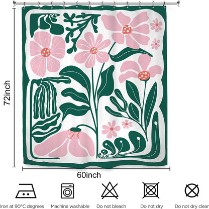 Abstract Flower Matisse Shower Curtain 60Wx72L Inch Pink Green Plant Minimalist Contemporary Retro Art Groovy Modern Bathroom Set Accessories Decor with 12 Pack Hooks