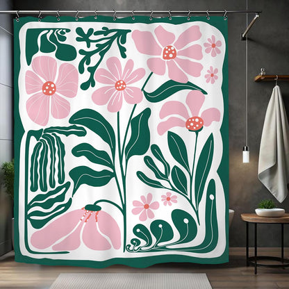 Abstract Flower Matisse Shower Curtain 60Wx72L Inch Pink Green Plant Minimalist Contemporary Retro Art Groovy Modern Bathroom Set Accessories Decor with 12 Pack Hooks