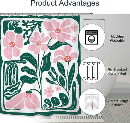 Abstract Flower Matisse Shower Curtain 60Wx72L Inch Pink Green Plant Minimalist Contemporary Retro Art Groovy Modern Bathroom Set Accessories Decor with 12 Pack Hooks