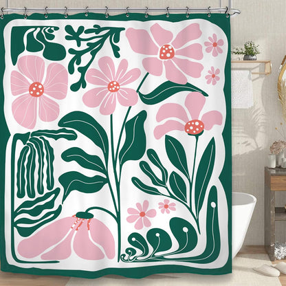 Abstract Flower Matisse Shower Curtain 60Wx72L Inch Pink Green Plant Minimalist Contemporary Retro Art Groovy Modern Bathroom Set Accessories Decor with 12 Pack Hooks