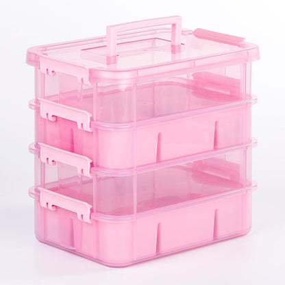 CraftGenes Art Supply Storage Organizer, 4-Tier 10 Qt Box, 2 Trays, Pink