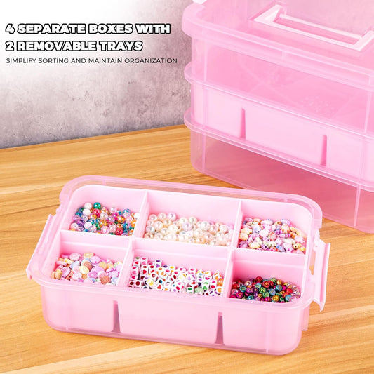 CraftGenes Art Supply Storage Organizer, 4-Tier 10 Qt Box, 2 Trays, Pink