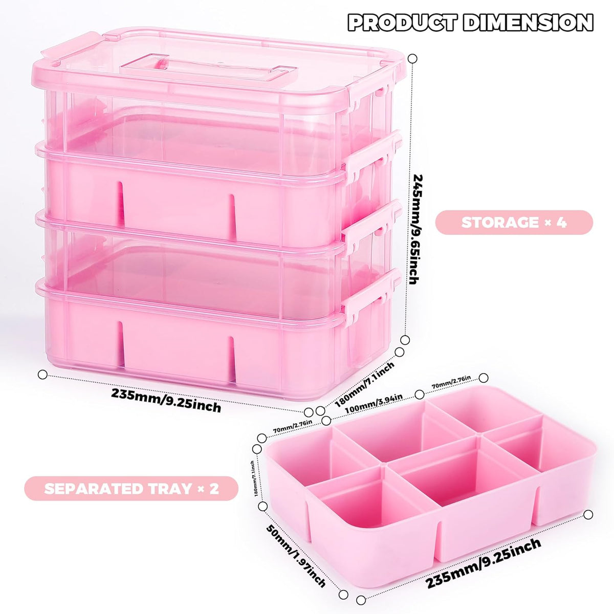 CraftGenes Art Supply Storage Organizer, 4-Tier 10 Qt Box, 2 Trays, Pink