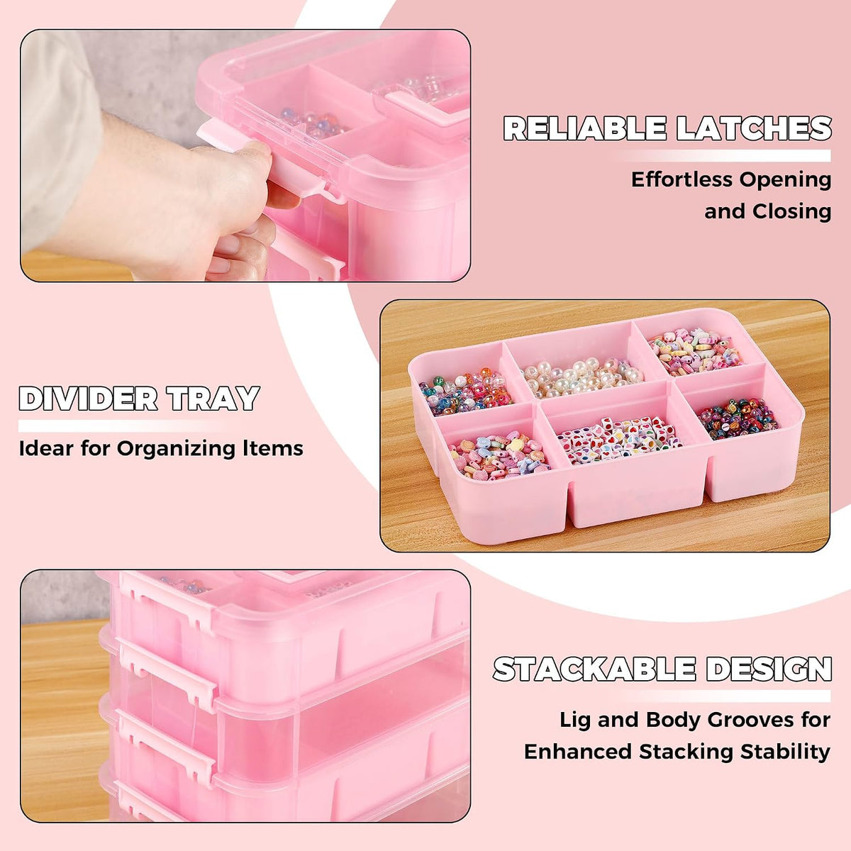 CraftGenes Art Supply Storage Organizer, 4-Tier 10 Qt Box, 2 Trays, Pink
