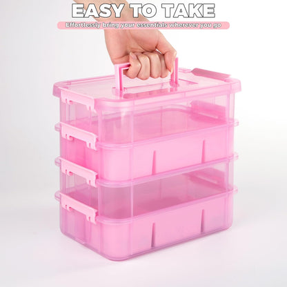 CraftGenes Art Supply Storage Organizer, 4-Tier 10 Qt Box, 2 Trays, Pink