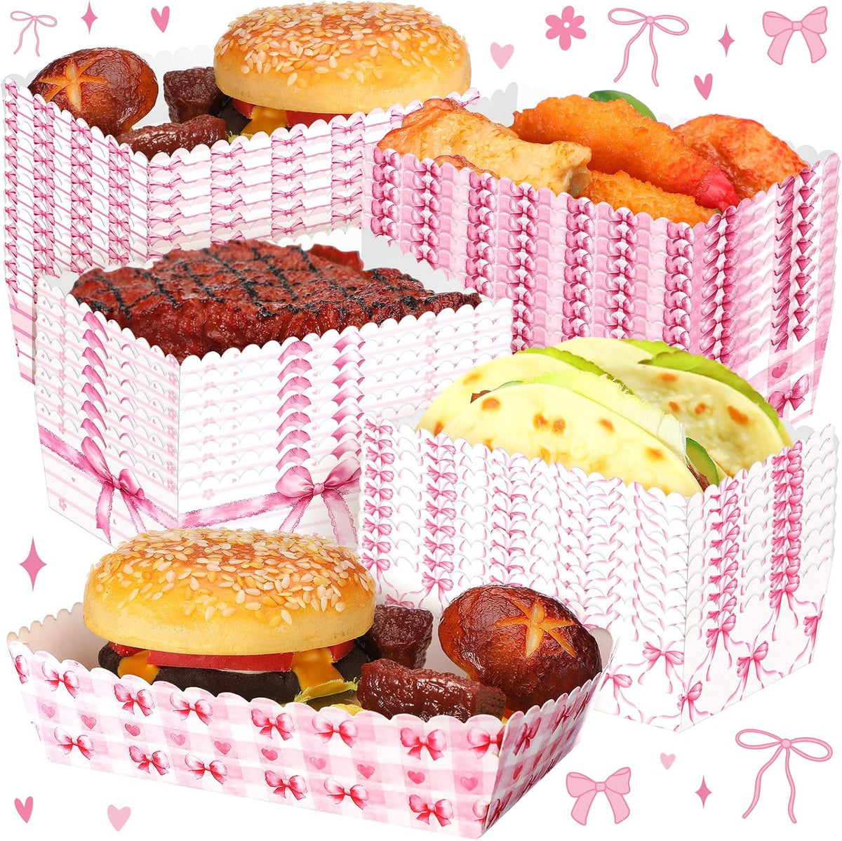 100 Pcs Pink Bow Food Tray Coquette Disposable Birthday Decorations Bulk