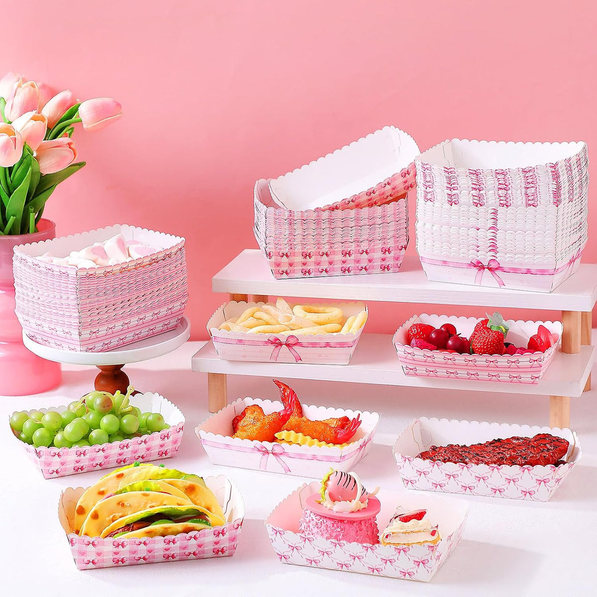 100 Pcs Pink Bow Food Tray Coquette Disposable Birthday Decorations Bulk