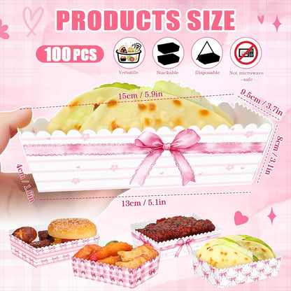 100 Pcs Pink Bow Food Tray Coquette Disposable Birthday Decorations Bulk