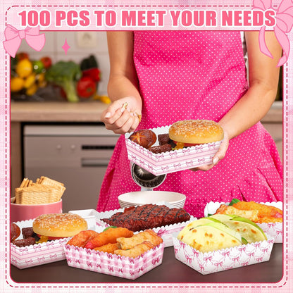 100 Pcs Pink Bow Food Tray Coquette Disposable Birthday Decorations Bulk