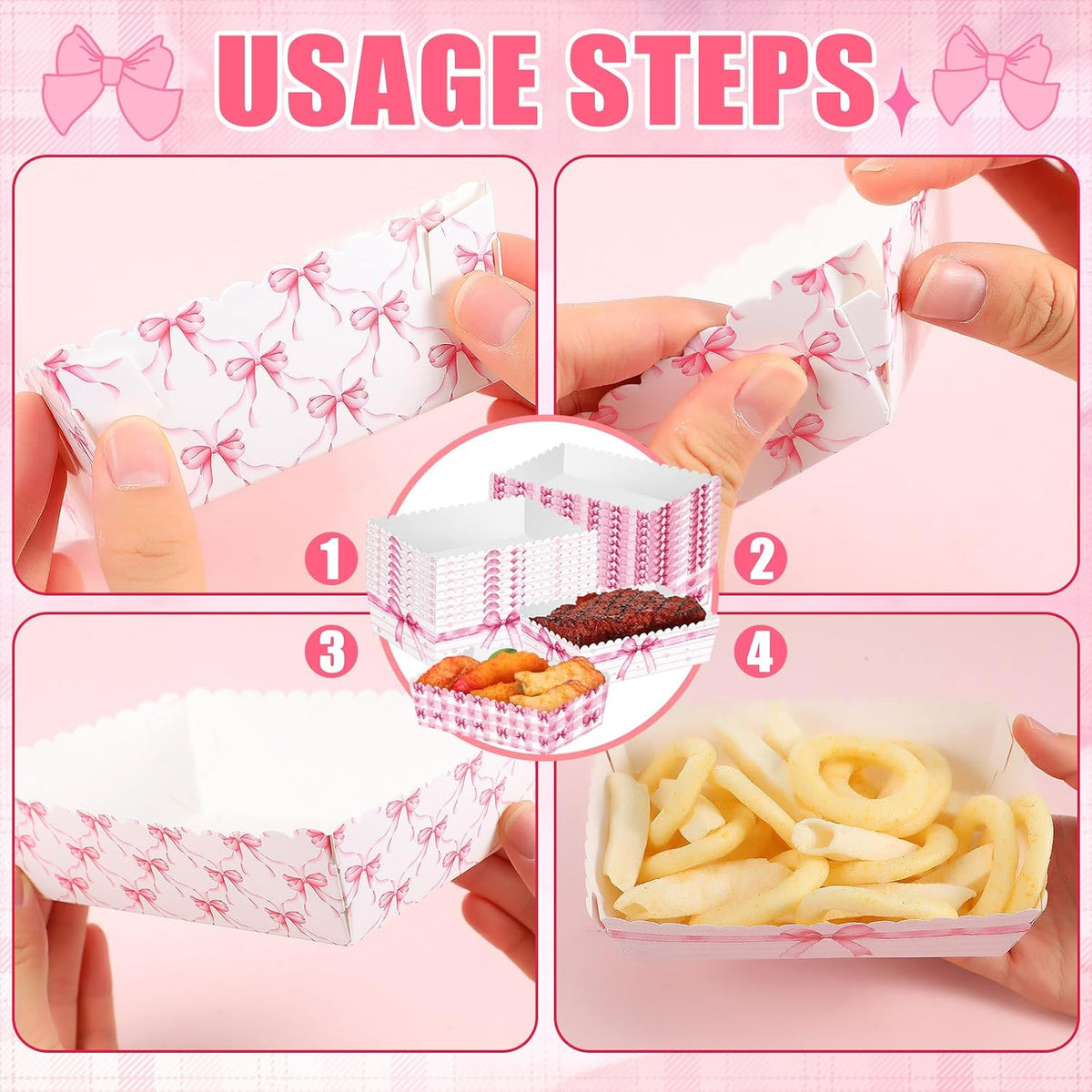 100 Pcs Pink Bow Food Tray Coquette Disposable Birthday Decorations Bulk