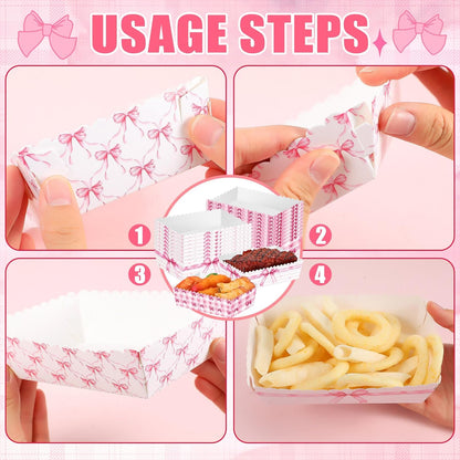 100 Pcs Pink Bow Food Tray Coquette Disposable Birthday Decorations Bulk