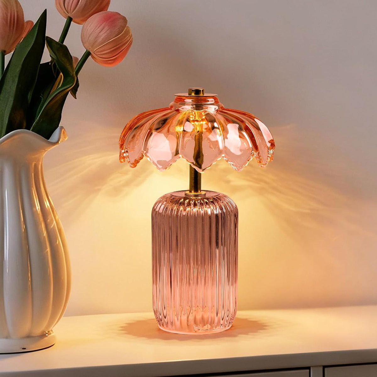 Battery Operated Lamp, Small Cordless Lamp with Timer, Pink