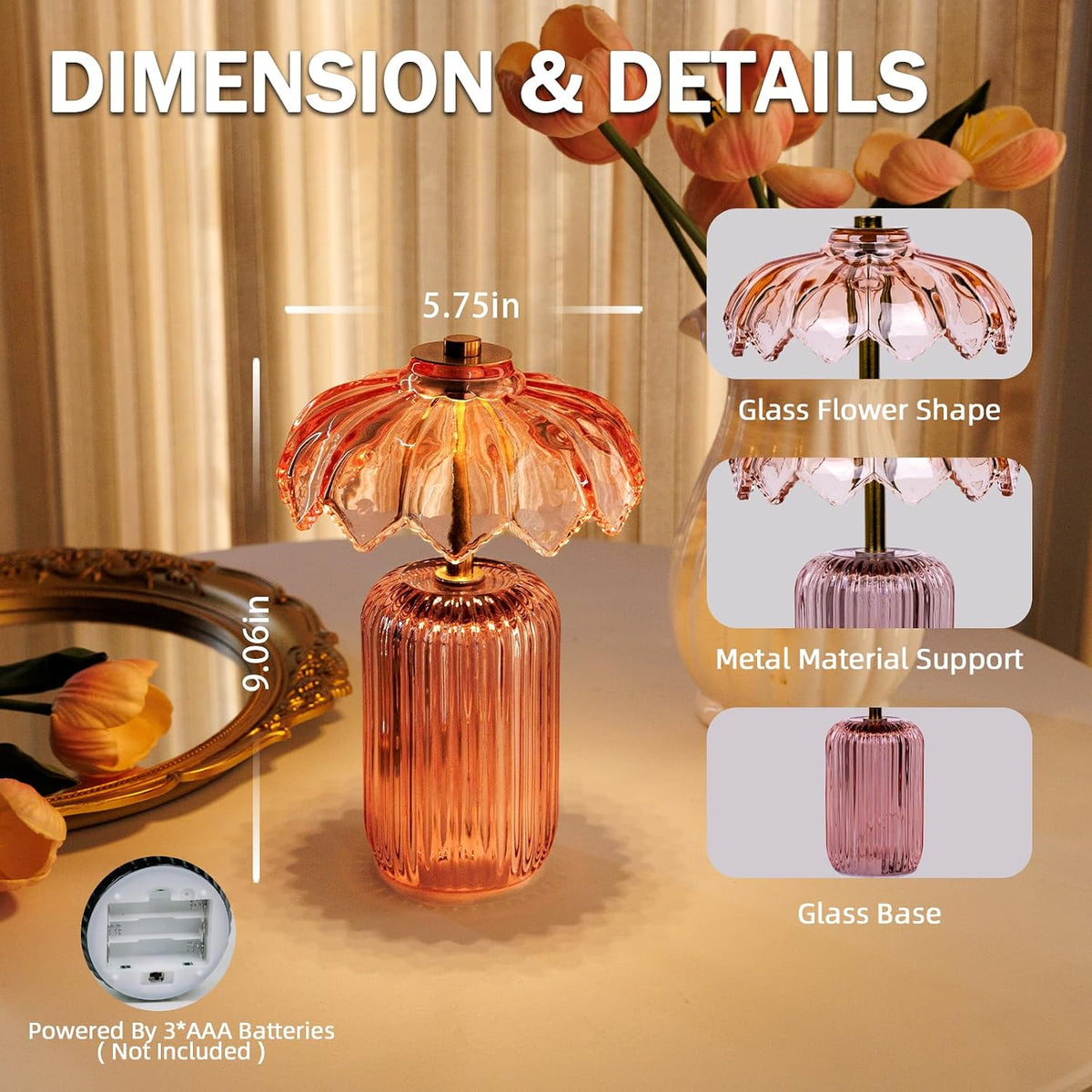 Battery Operated Lamp, Small Cordless Lamp with Timer, Pink