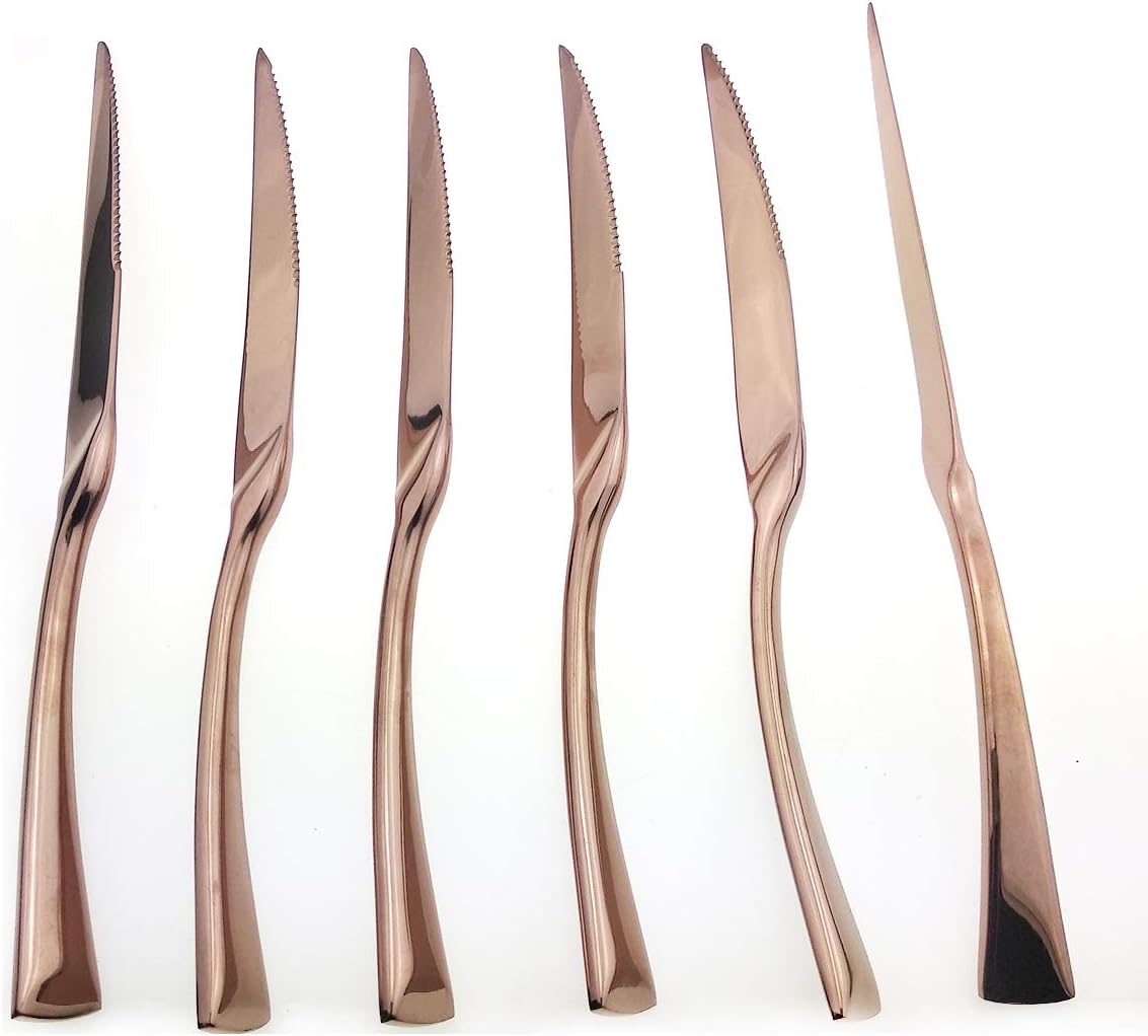 Uniturck Heavy Duty Stainless Steel Steak Knives Set of 6, Flatware Cutlery Set Great For Kitchen Weddings Parties, Mirror Polished, Rose Gold