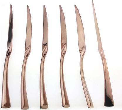 Uniturck Heavy Duty Stainless Steel Steak Knives Set of 6, Flatware Cutlery Set Great For Kitchen Weddings Parties, Mirror Polished, Rose Gold