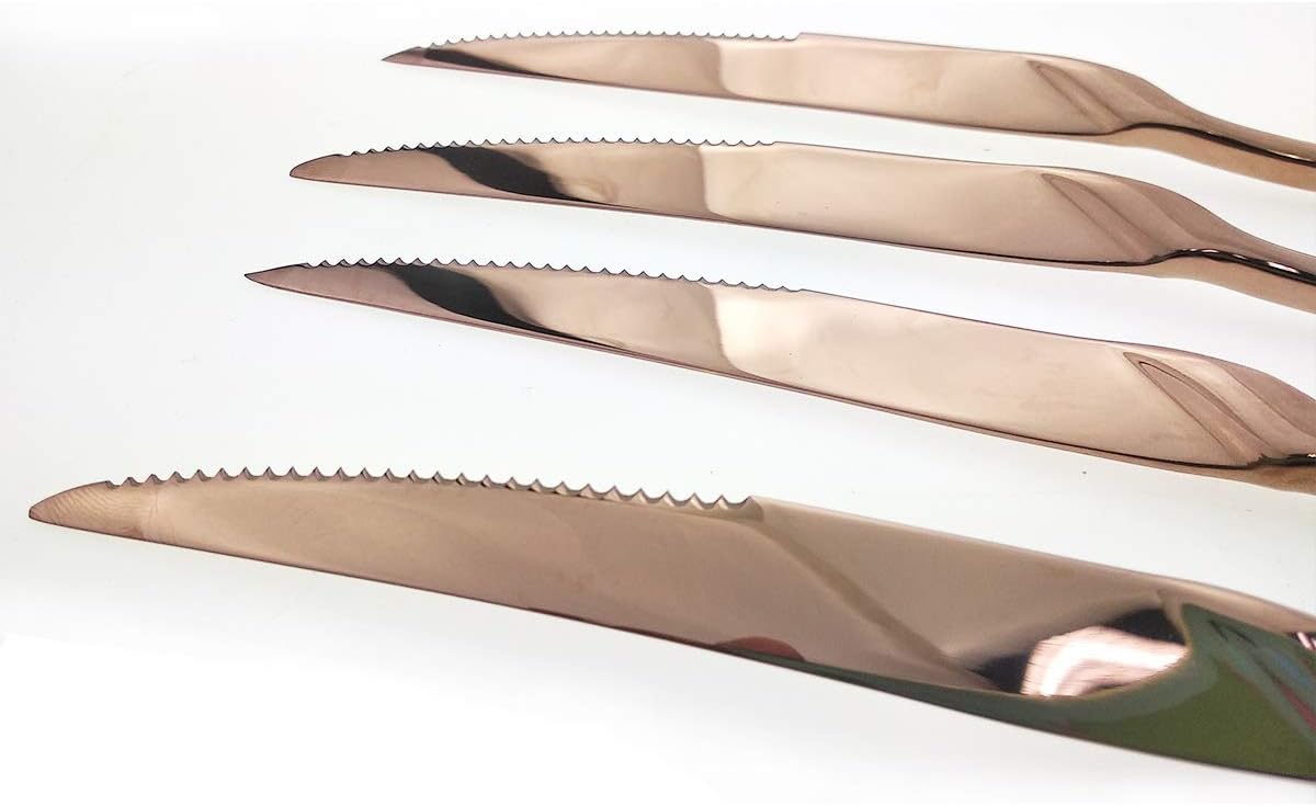Uniturck Heavy Duty Stainless Steel Steak Knives Set of 6, Flatware Cutlery Set Great For Kitchen Weddings Parties, Mirror Polished, Rose Gold