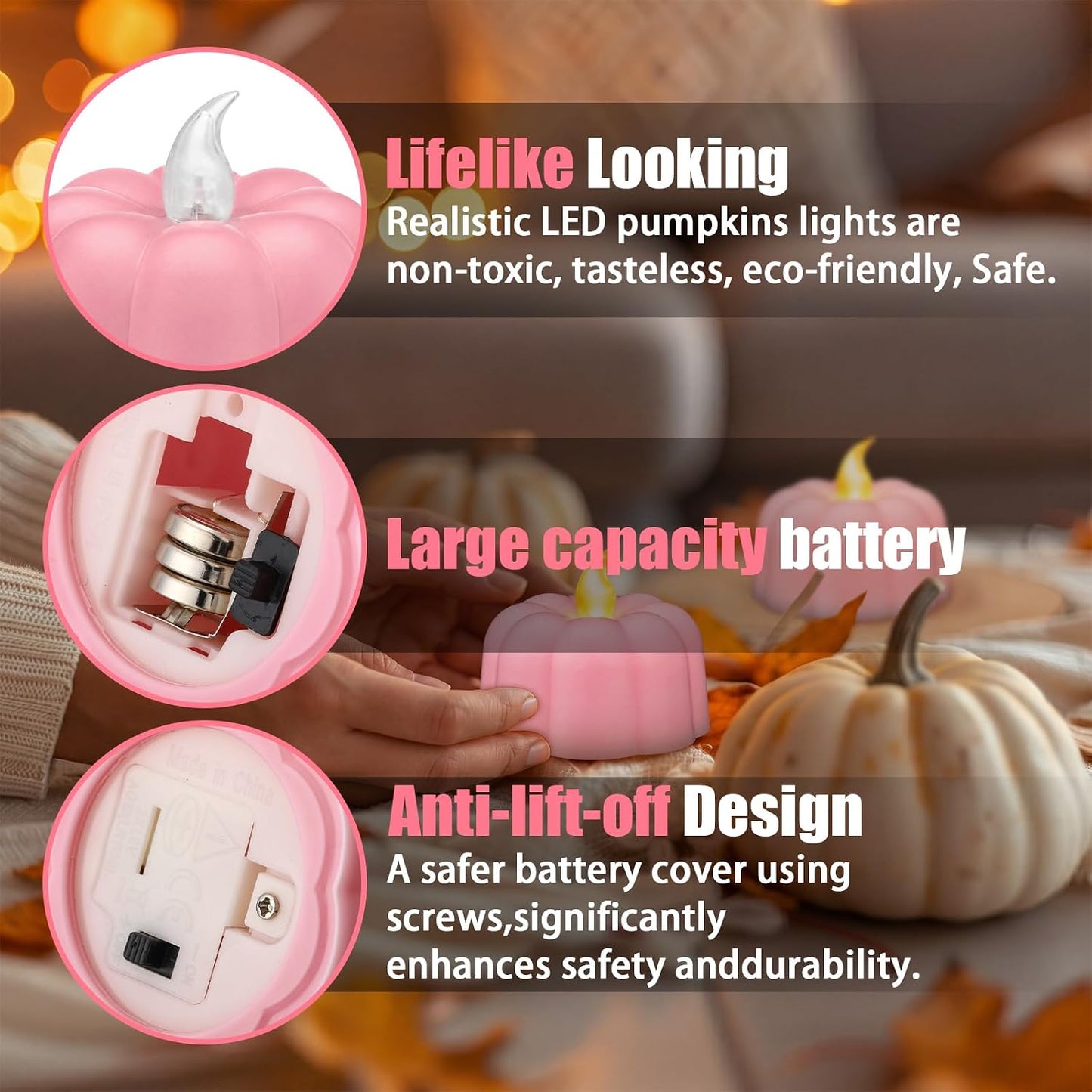 24 Pcs Halloween Pumpkin Tea Light Flameless Pumpkin Candles, Pink