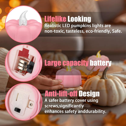 24 Pcs Halloween Pumpkin Tea Light Flameless Pumpkin Candles, Pink
