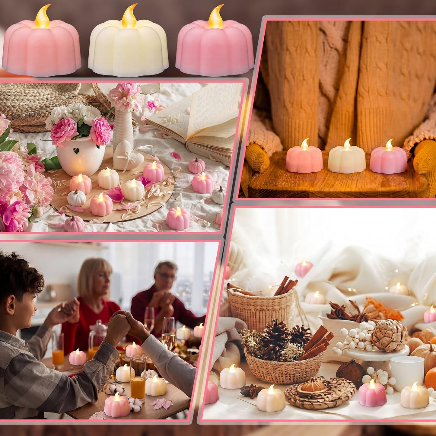24 Pcs Halloween Pumpkin Tea Light Flameless Pumpkin Candles, Pink