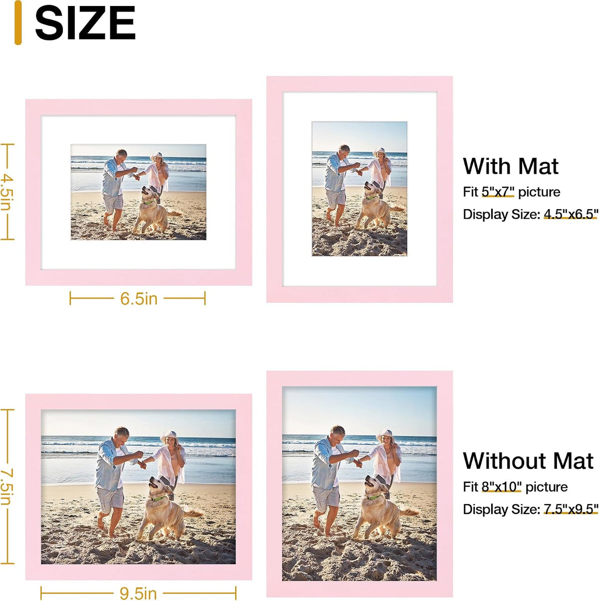 8x10 Picture Frame, Fits 5x7 Photos with Mat, Pink