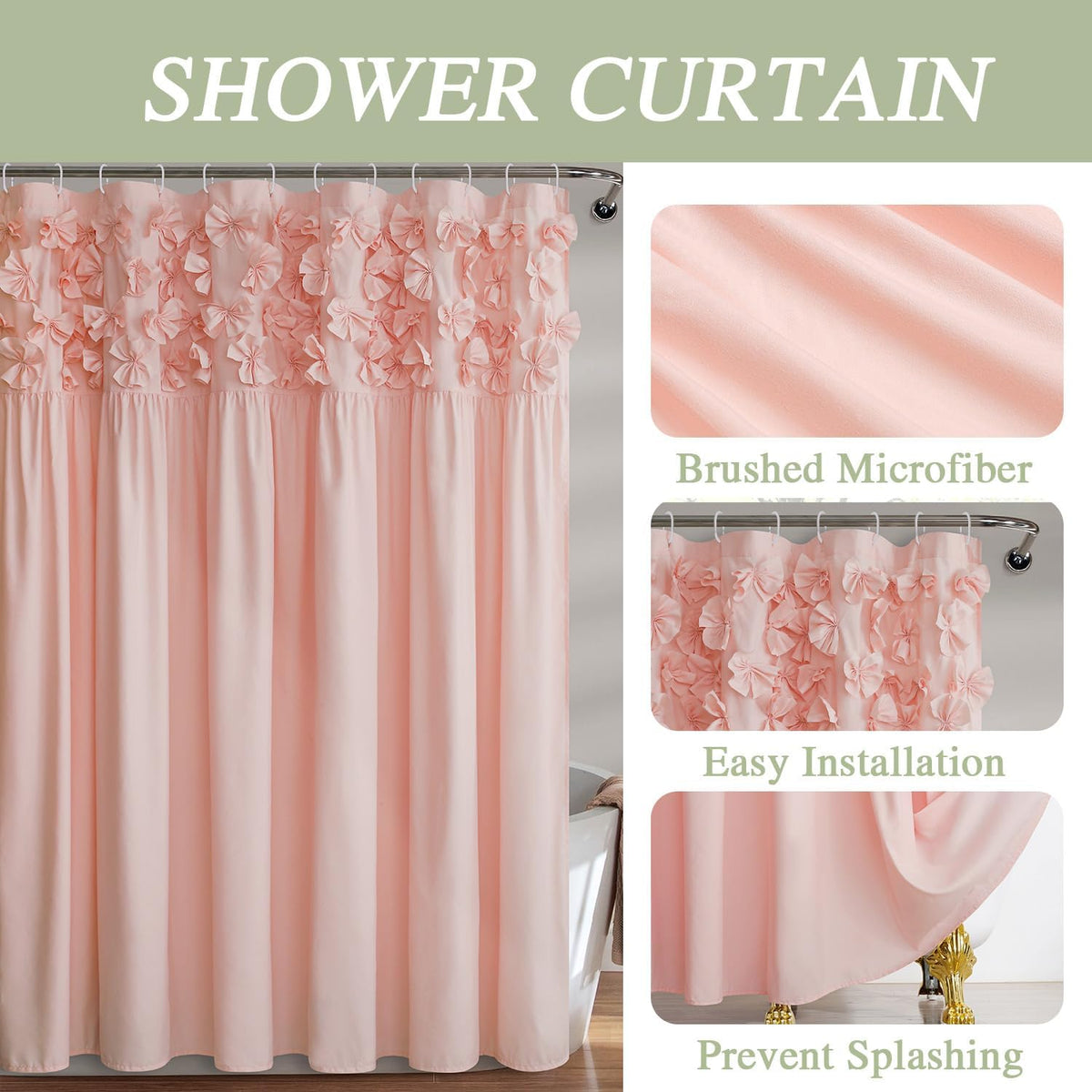 Handmade Bow Tie Shower Curtain, Peach Pink, 72 x 72 in