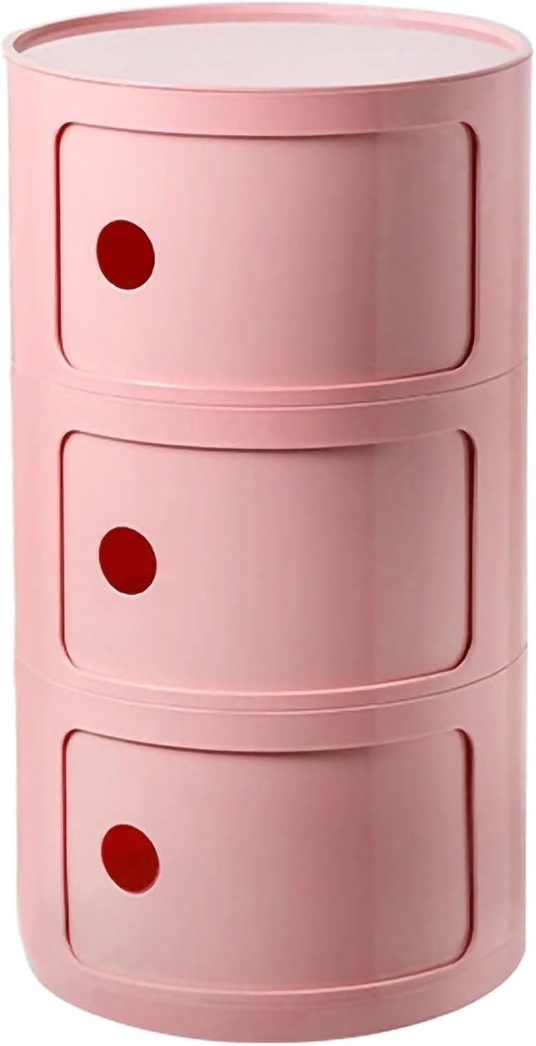 3 Tier Round Nightstand with Drawer, Pink Round Side Table Small Plastic Storage End Table for Bedroom, Living Room, Bathroom