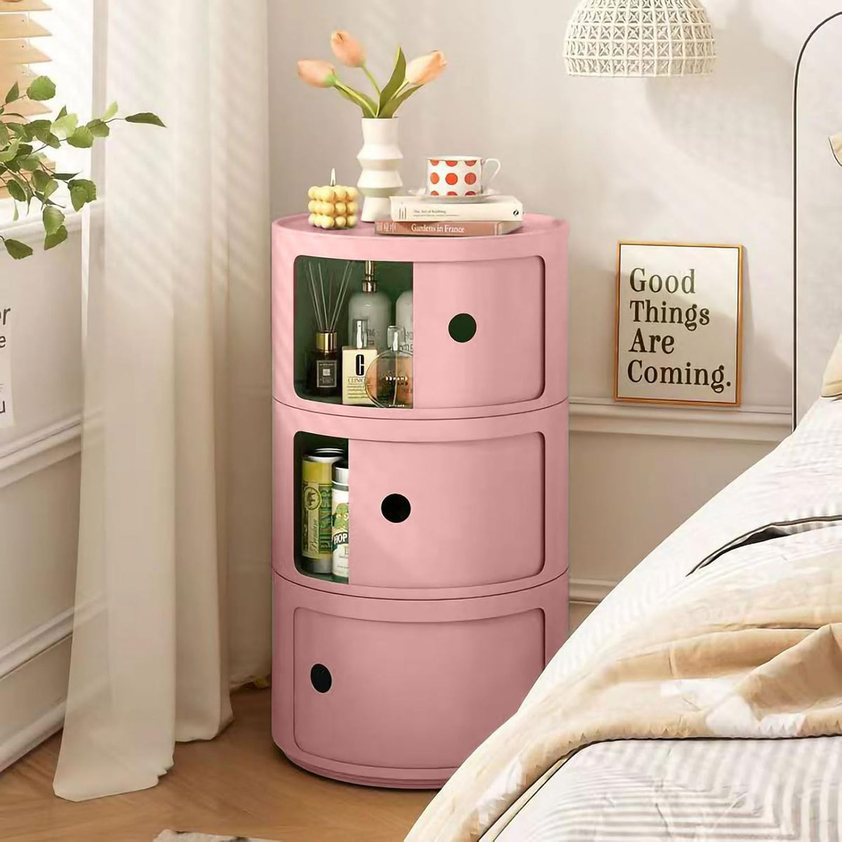 3 Tier Round Nightstand with Drawer, Pink Round Side Table Small Plastic Storage End Table for Bedroom, Living Room, Bathroom