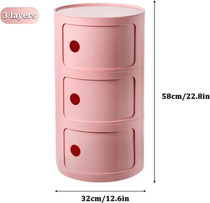 3 Tier Round Nightstand with Drawer, Pink Round Side Table Small Plastic Storage End Table for Bedroom, Living Room, Bathroom