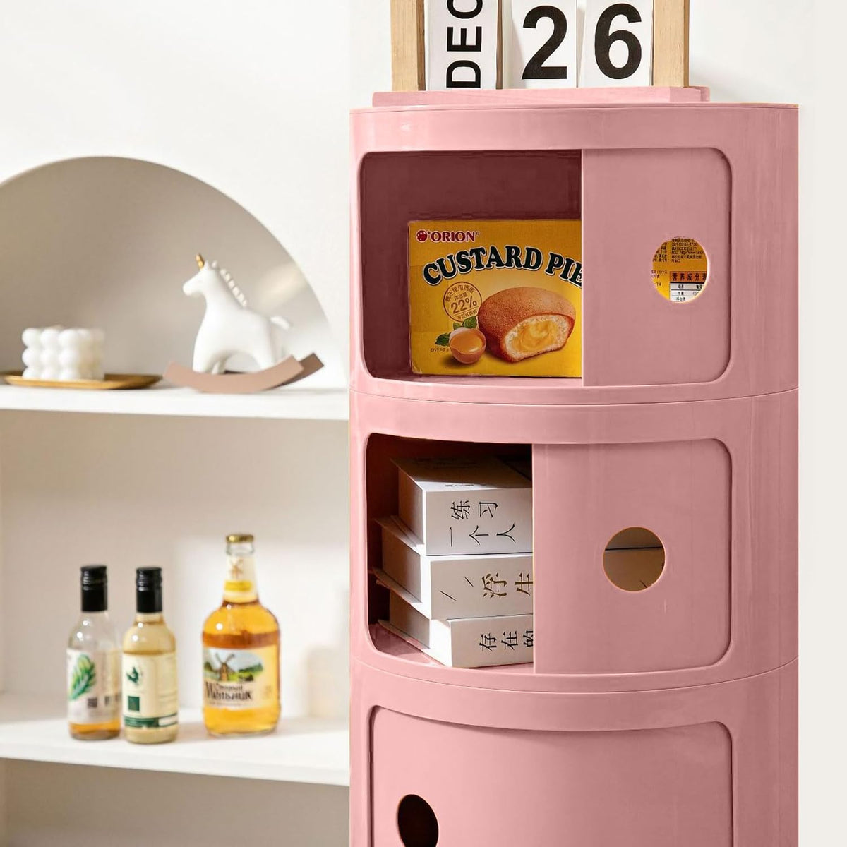 3 Tier Round Nightstand with Drawer, Pink Round Side Table Small Plastic Storage End Table for Bedroom, Living Room, Bathroom