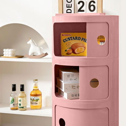 3 Tier Round Nightstand with Drawer, Pink Round Side Table Small Plastic Storage End Table for Bedroom, Living Room, Bathroom