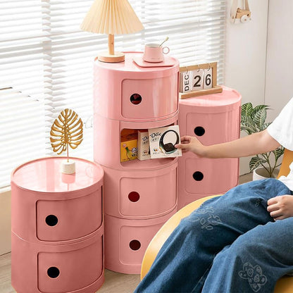 3 Tier Round Nightstand with Drawer, Pink Round Side Table Small Plastic Storage End Table for Bedroom, Living Room, Bathroom