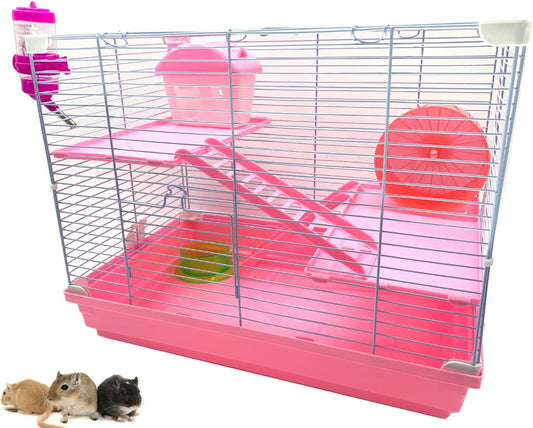 Pink 3-Floors Syrian Hamster Home House Rodent Gerbil Mouse Mice Rat Habitat Cage with Running Wheel Water Bottle Food Bowl Hide House Deep Base