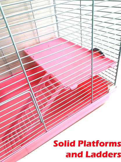 Pink 3-Floors Syrian Hamster Home House Rodent Gerbil Mouse Mice Rat Habitat Cage with Running Wheel Water Bottle Food Bowl Hide House Deep Base