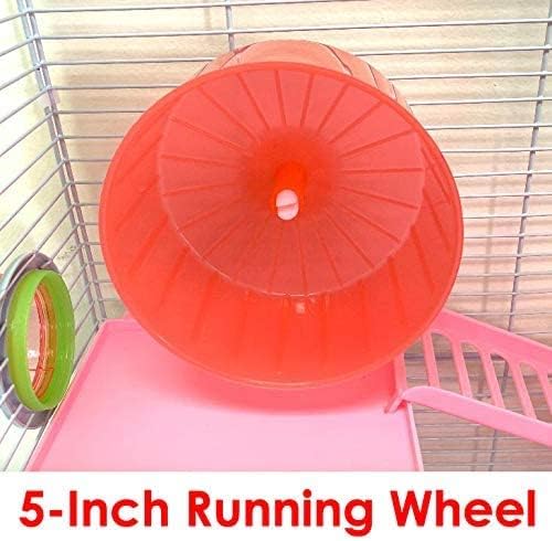 Pink 3-Floors Syrian Hamster Home House Rodent Gerbil Mouse Mice Rat Habitat Cage with Running Wheel Water Bottle Food Bowl Hide House Deep Base