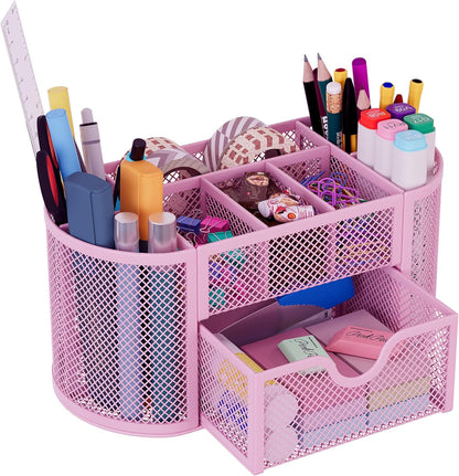 Mesh Pen Holder Desk Organizer with Drawer Stationery Supplies Organizer for Dorm School 9 Compartments Workspace Desk Accessories Organization for Office, Light Pink