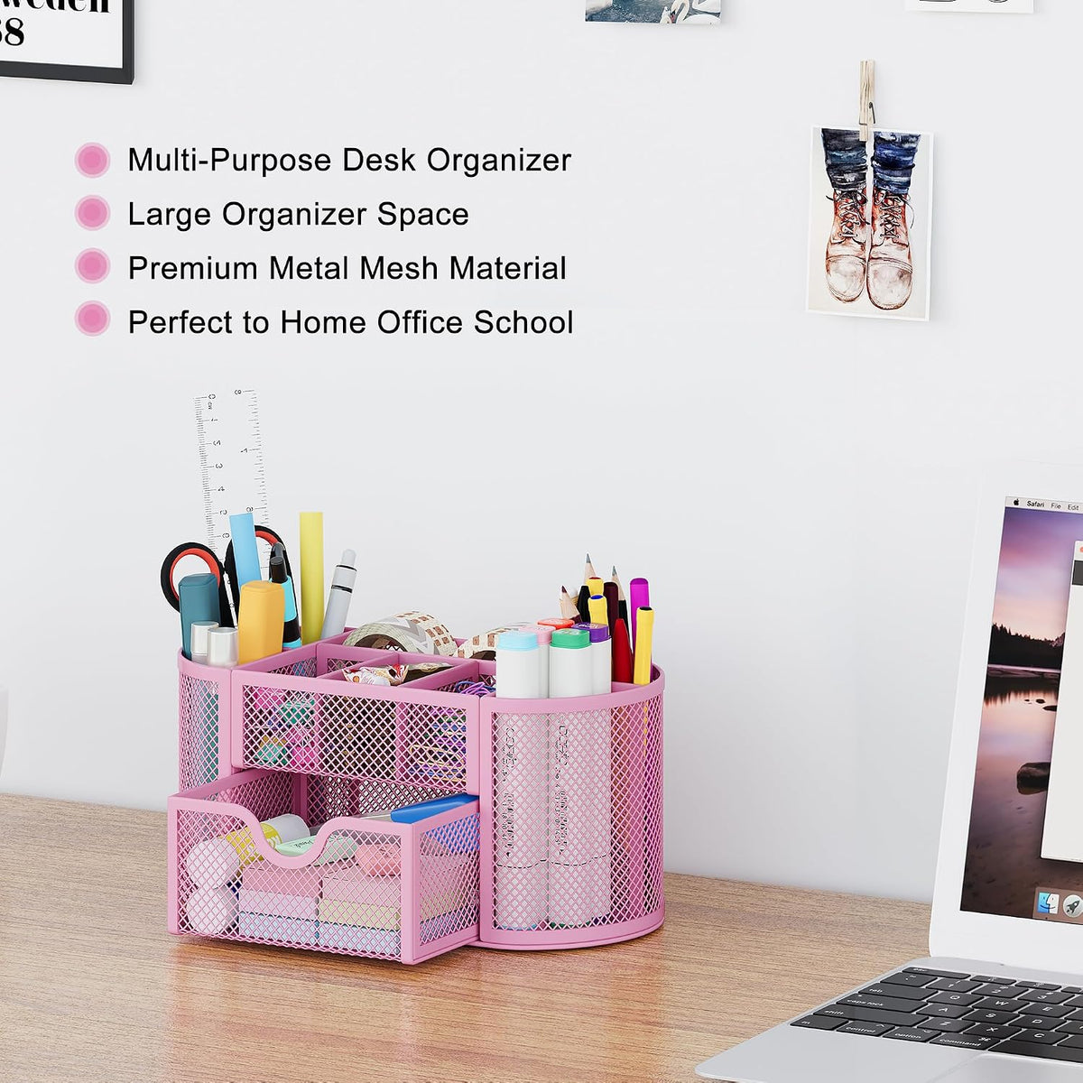 Mesh Pen Holder Desk Organizer with Drawer Stationery Supplies Organizer for Dorm School 9 Compartments Workspace Desk Accessories Organization for Office, Light Pink