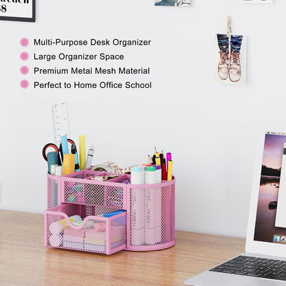 Mesh Pen Holder Desk Organizer with Drawer Stationery Supplies Organizer for Dorm School 9 Compartments Workspace Desk Accessories Organization for Office, Light Pink