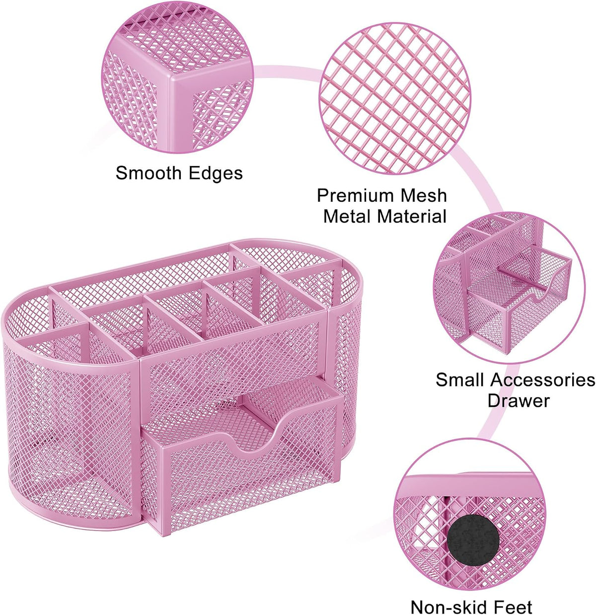 Mesh Pen Holder Desk Organizer with Drawer Stationery Supplies Organizer for Dorm School 9 Compartments Workspace Desk Accessories Organization for Office, Light Pink